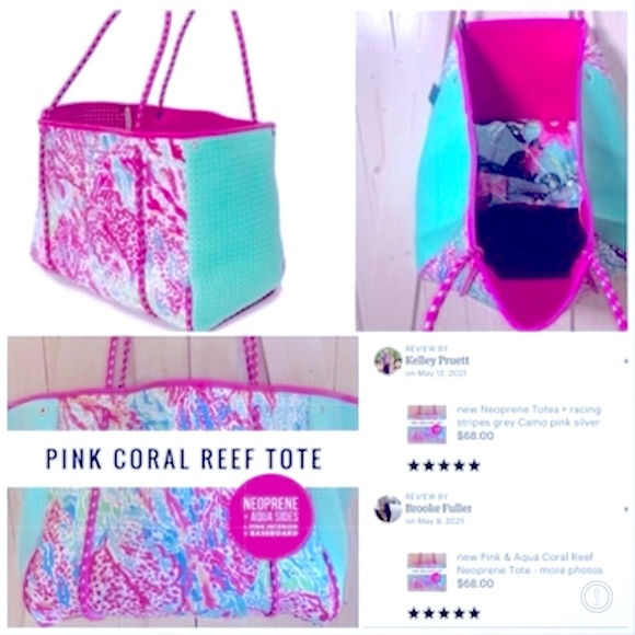 new lily pink CORAL REEF waterproof neoprene tote light resort travel beach bag - Picture 15 of 16